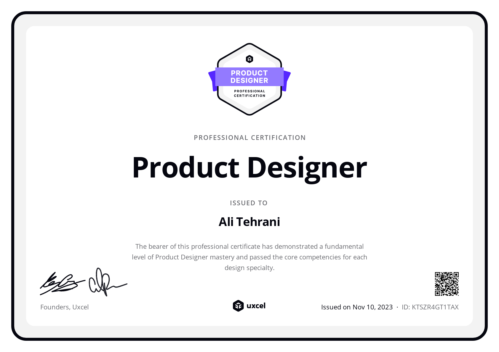 Ali Tehrani's certificate